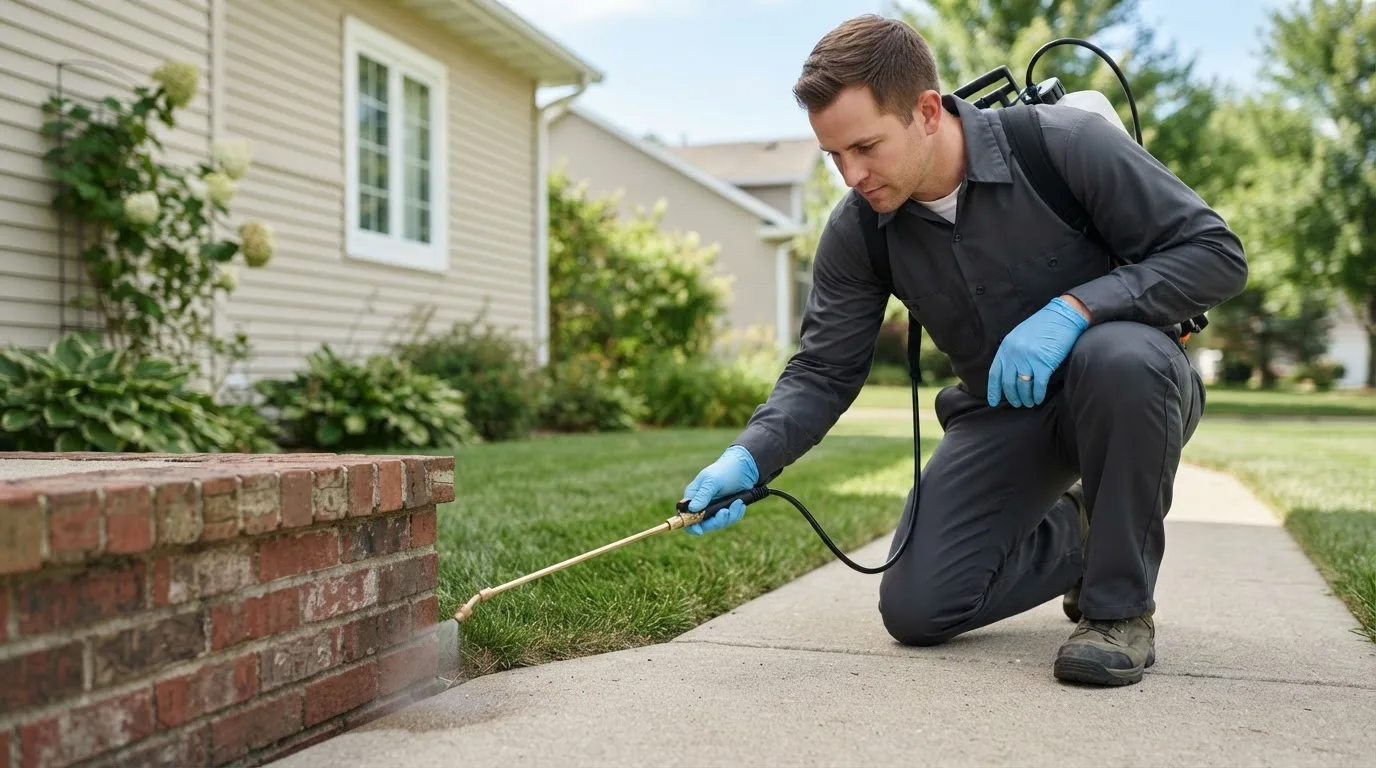 Pest control technician treating a home near Bentonville, AR